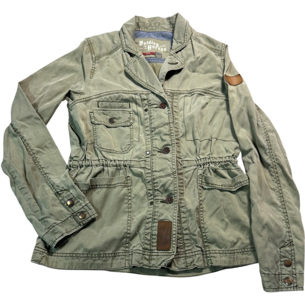 Holding Horses Military Jacket Womens M Medium Olive Green Button‎ Up Drawstring